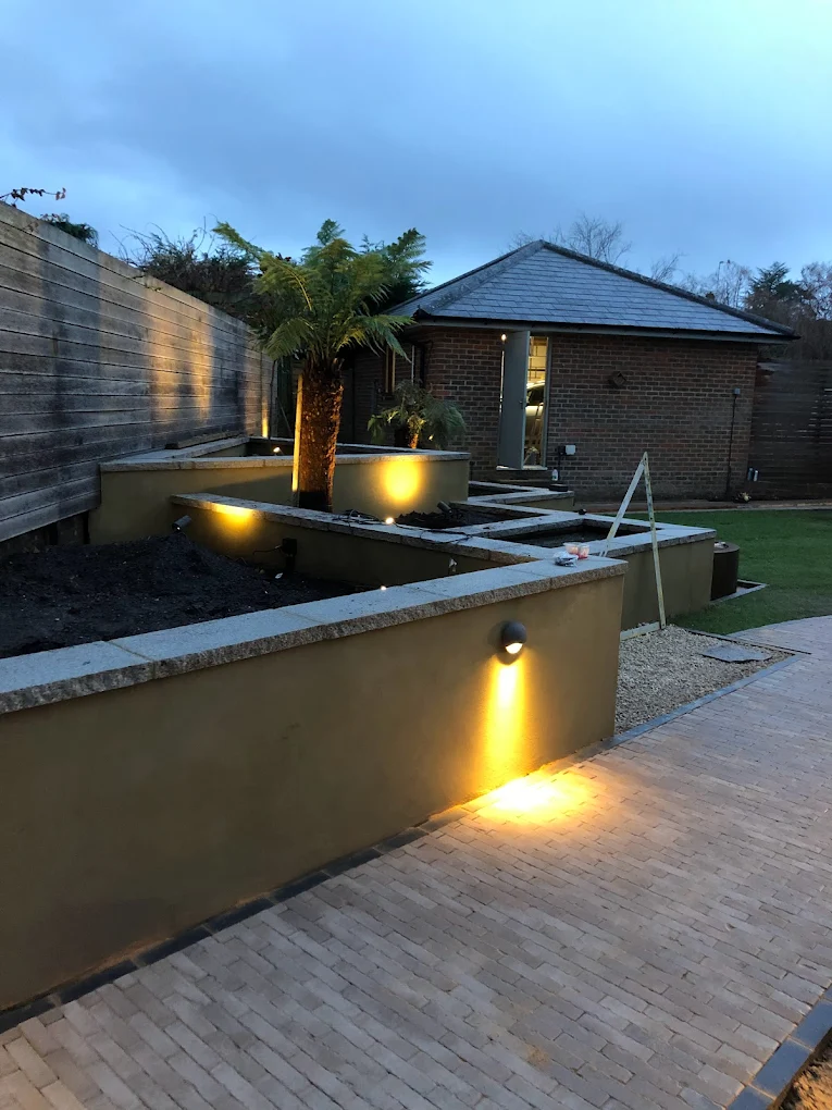 Garden landscaping with evening lighting